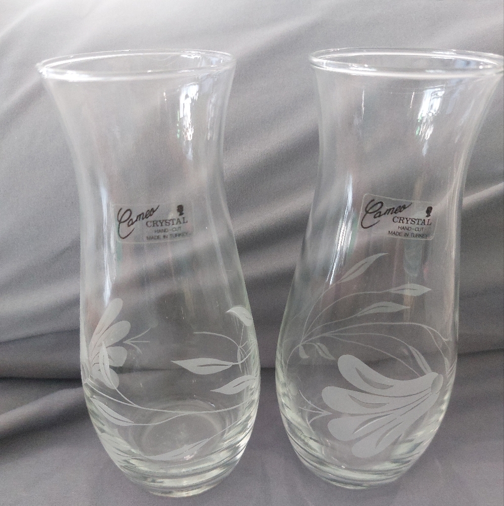 Pair of Cameo Crystal Hand Cut Etched 7" Vase Made In Turkey.
